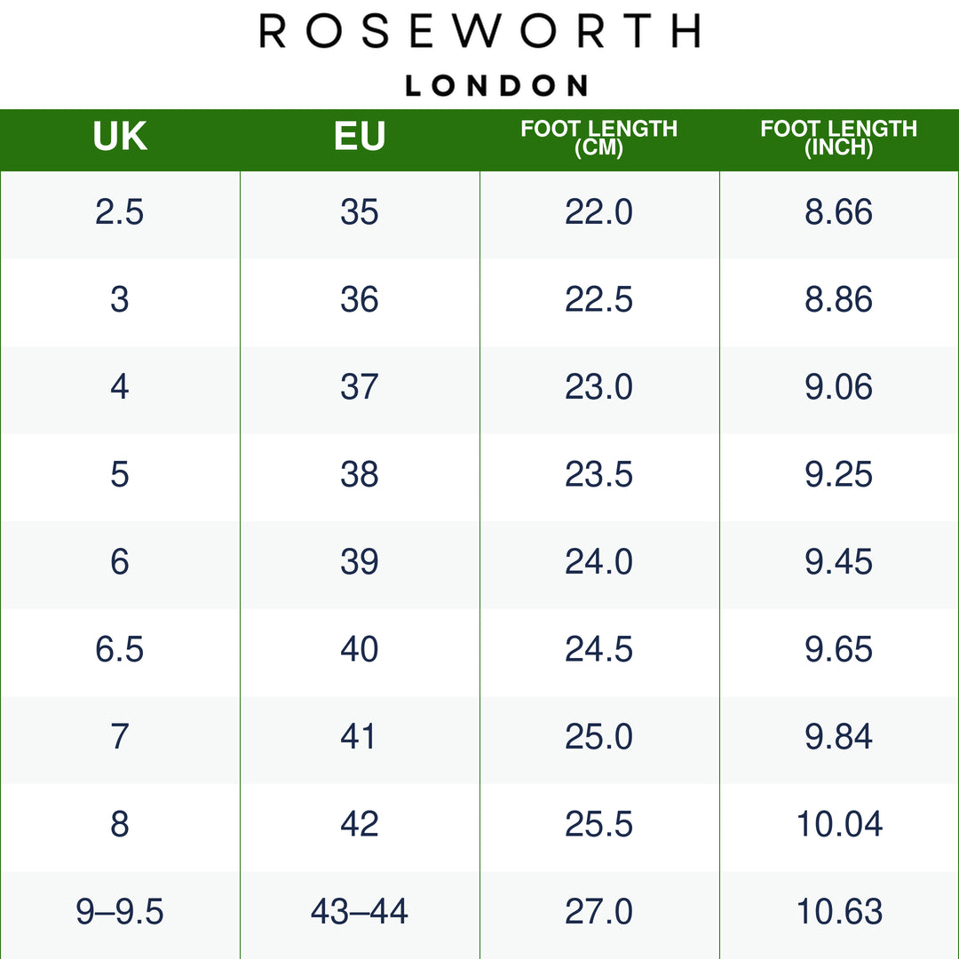 Serena size guide: UK and EU sizes with foot length in centimetres and inches. Select the image to view full size.