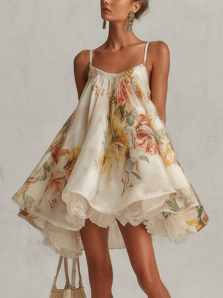 Beige Floral Organza A-Line Mini Dress