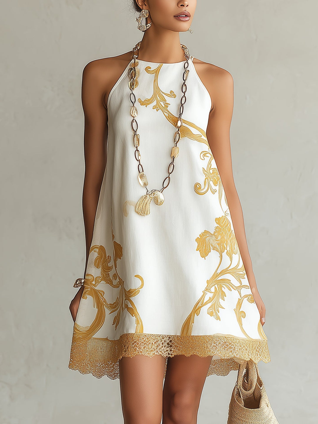White & Gold Floral Lace Mini Dress
