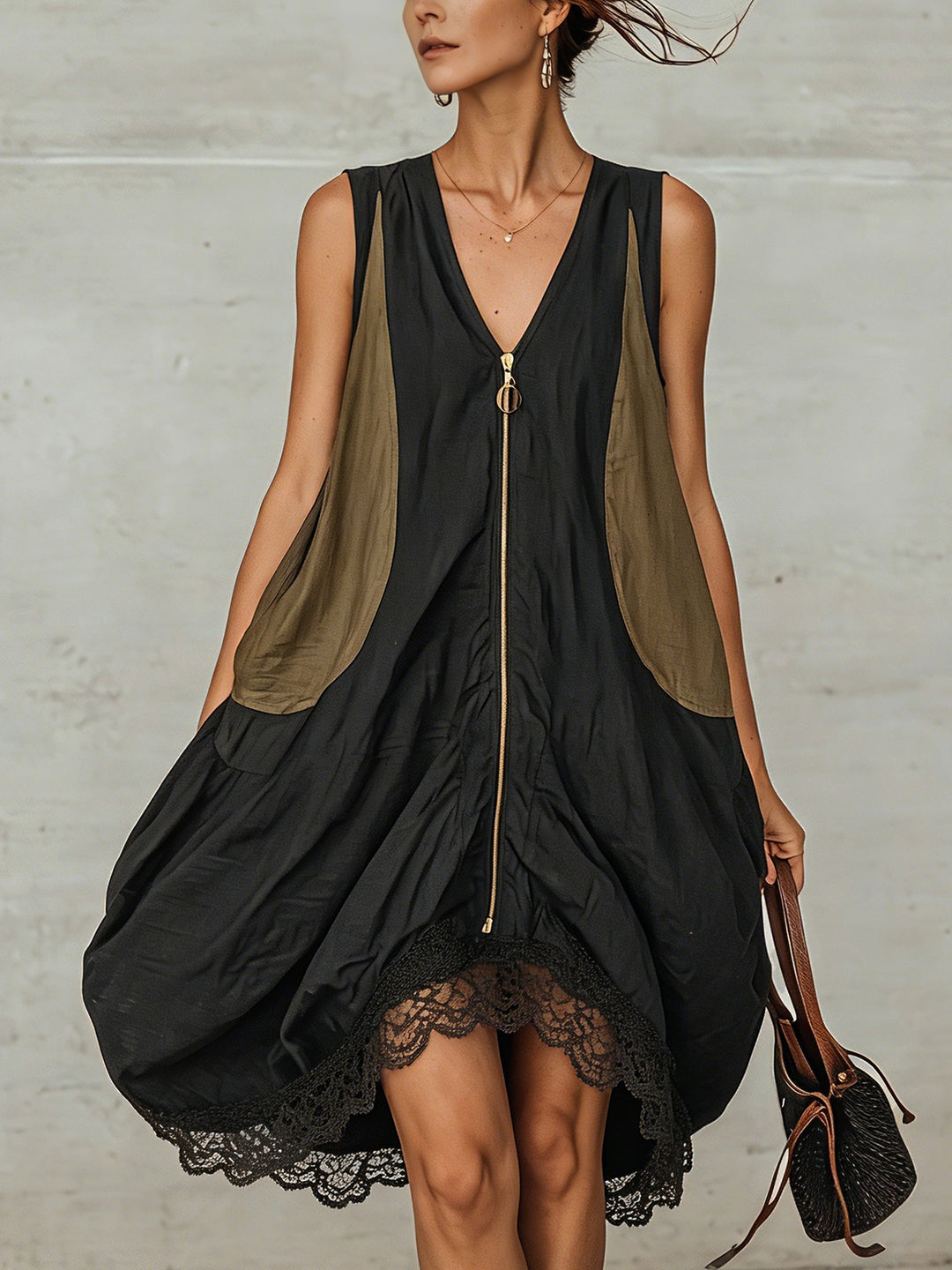 Black Colour-Block Zip-Front Mini Dress