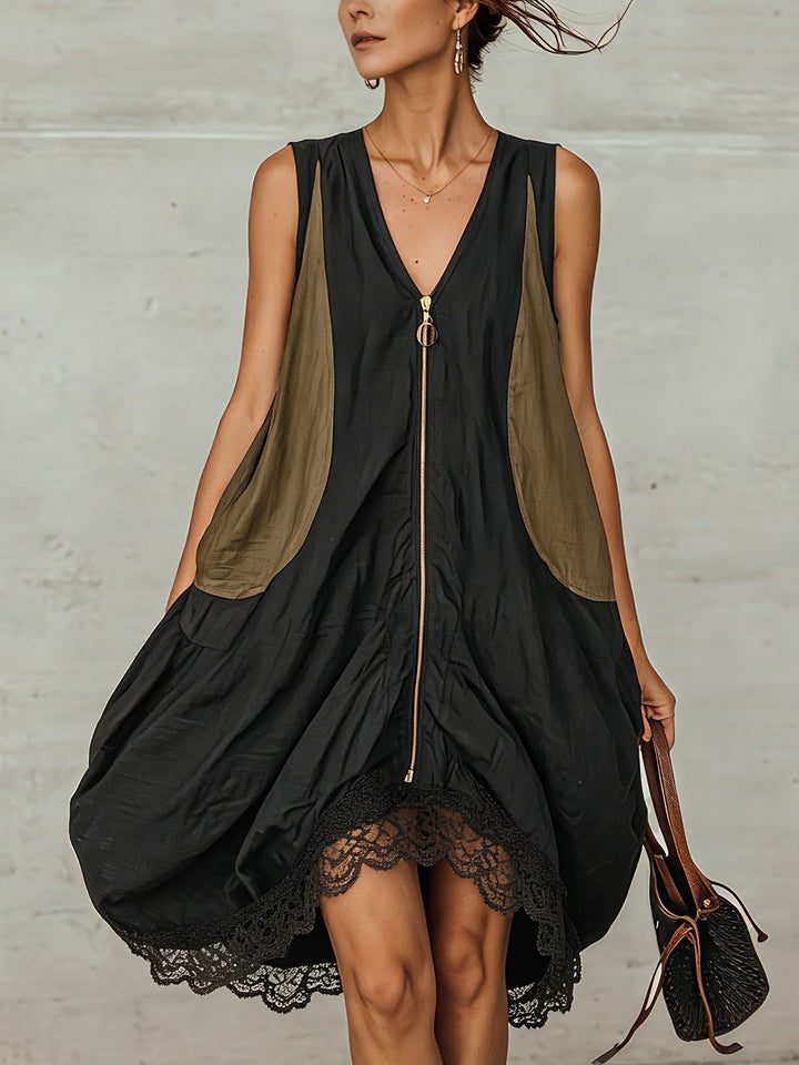 Black Colour-Block Zip-Front Mini Dress