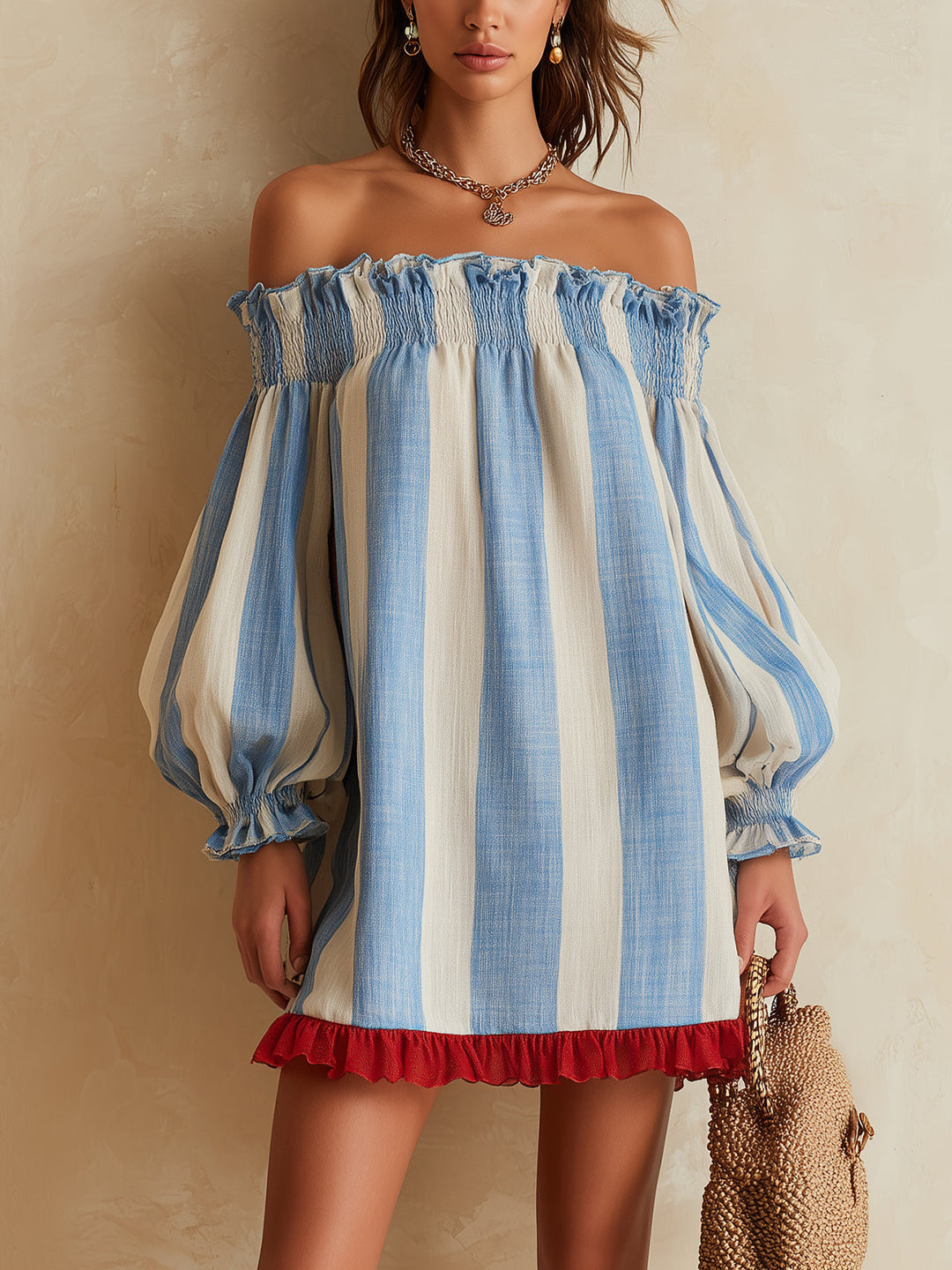 Blue & White Striped Bardot Mini Dress