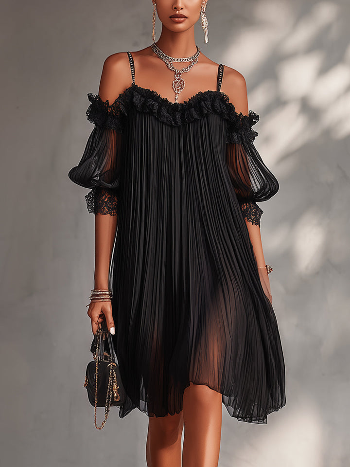 Black Off-Shoulder Lace Chiffon Mini Dress