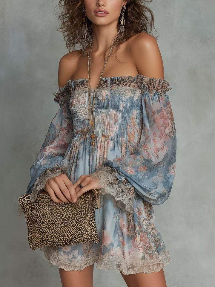 Romantic Floral Off-Shoulder Chiffon Mini Dress