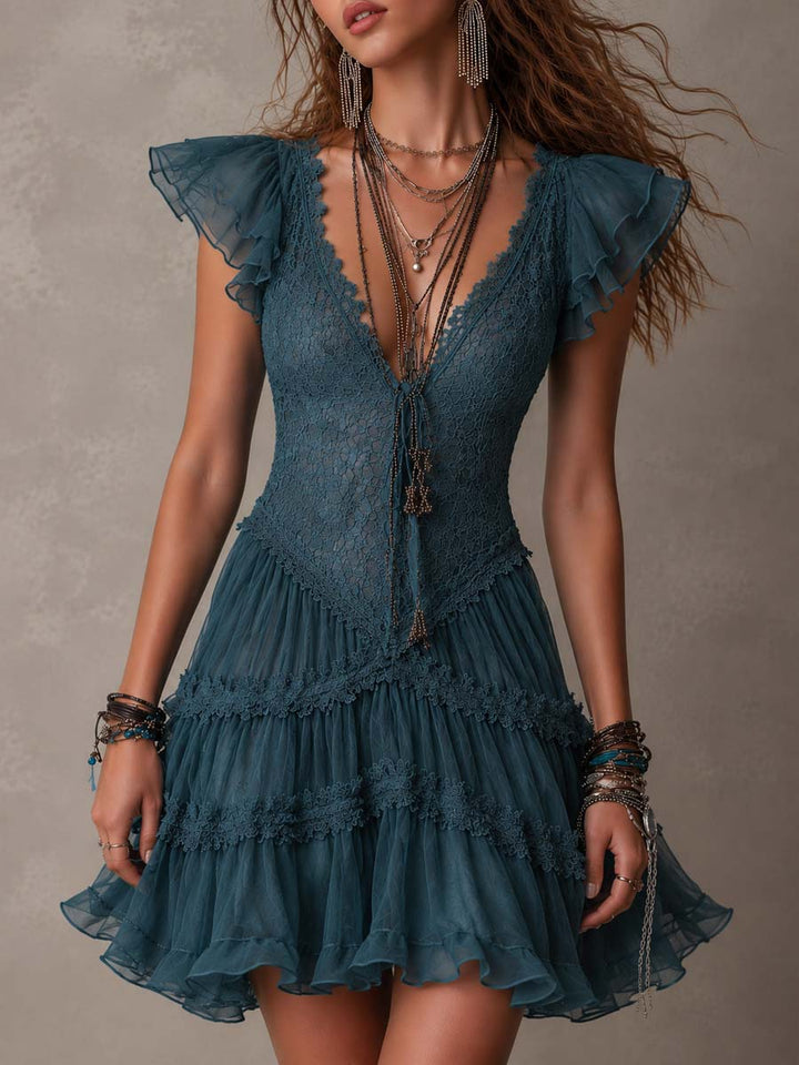 Teal Vintage Lace & Chiffon Ruffle Mini Dress