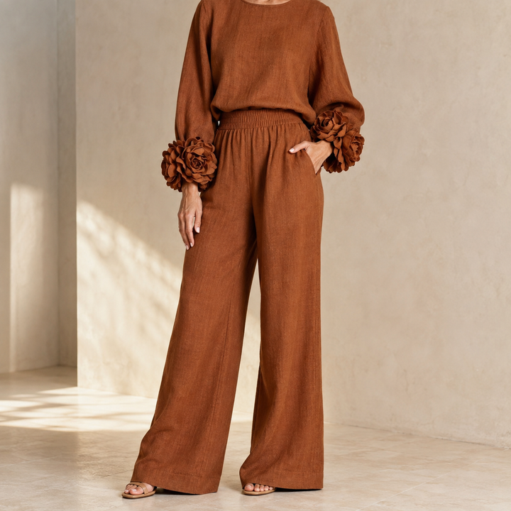 Evelyn | Elegant Floral-Cuff Trouser Set