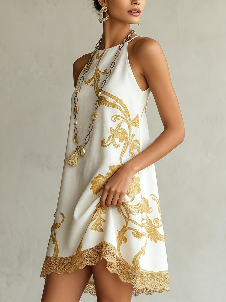 White & Gold Floral Lace Mini Dress