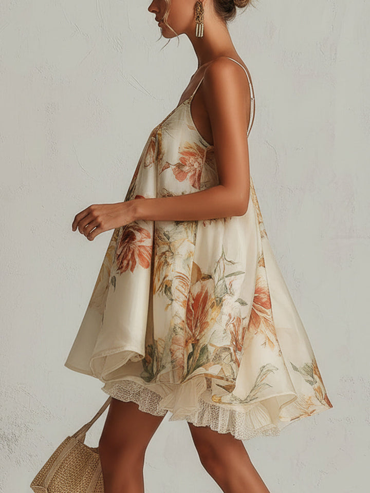 Beige Floral Organza A-Line Mini Dress