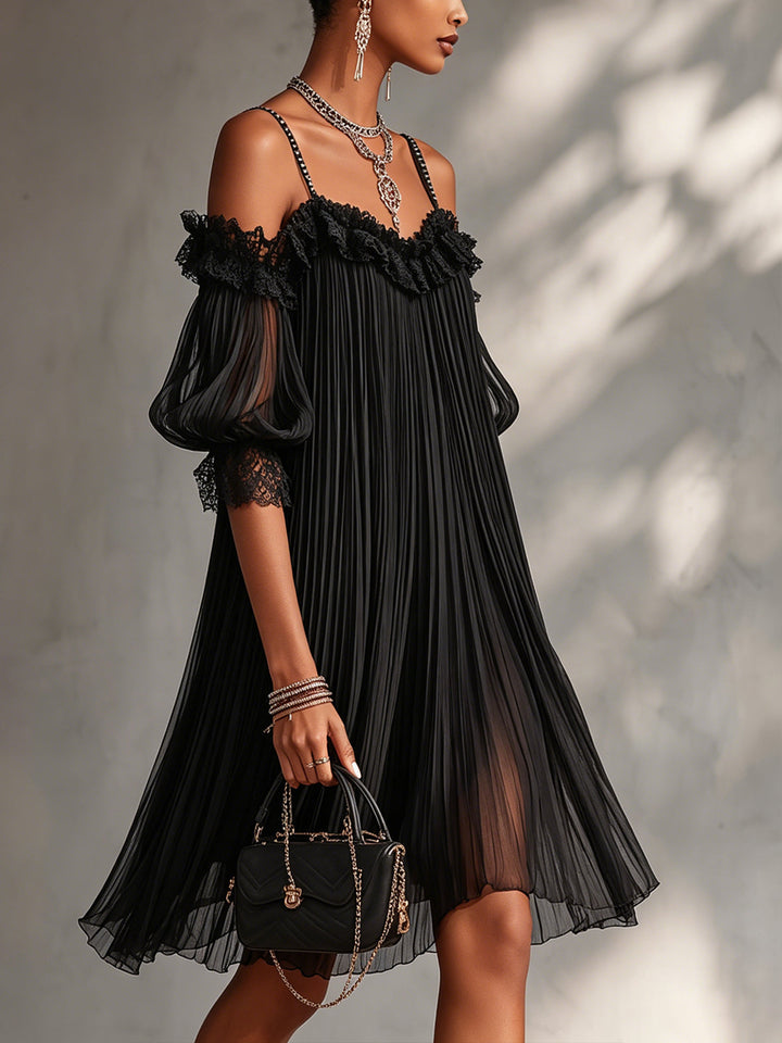 Black Off-Shoulder Lace Chiffon Mini Dress