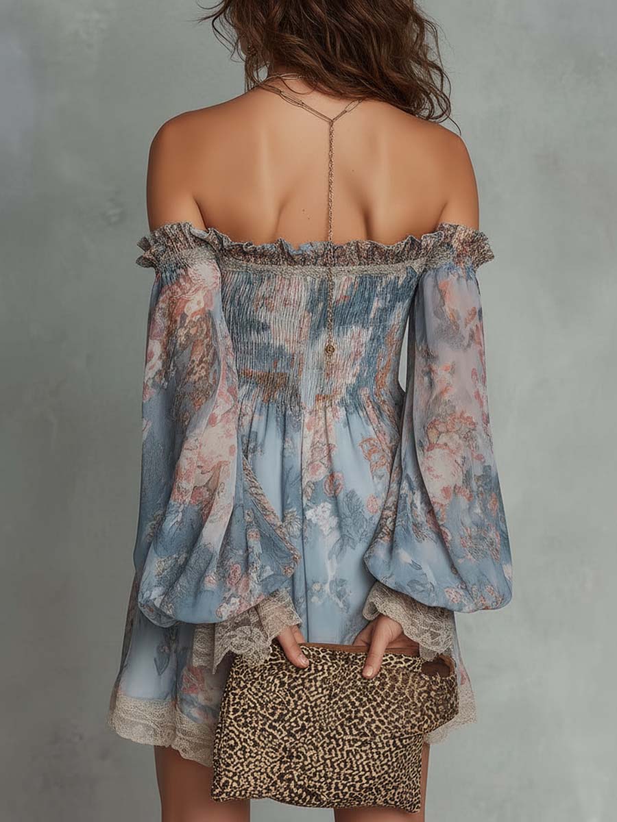 Romantic Floral Off-Shoulder Chiffon Mini Dress