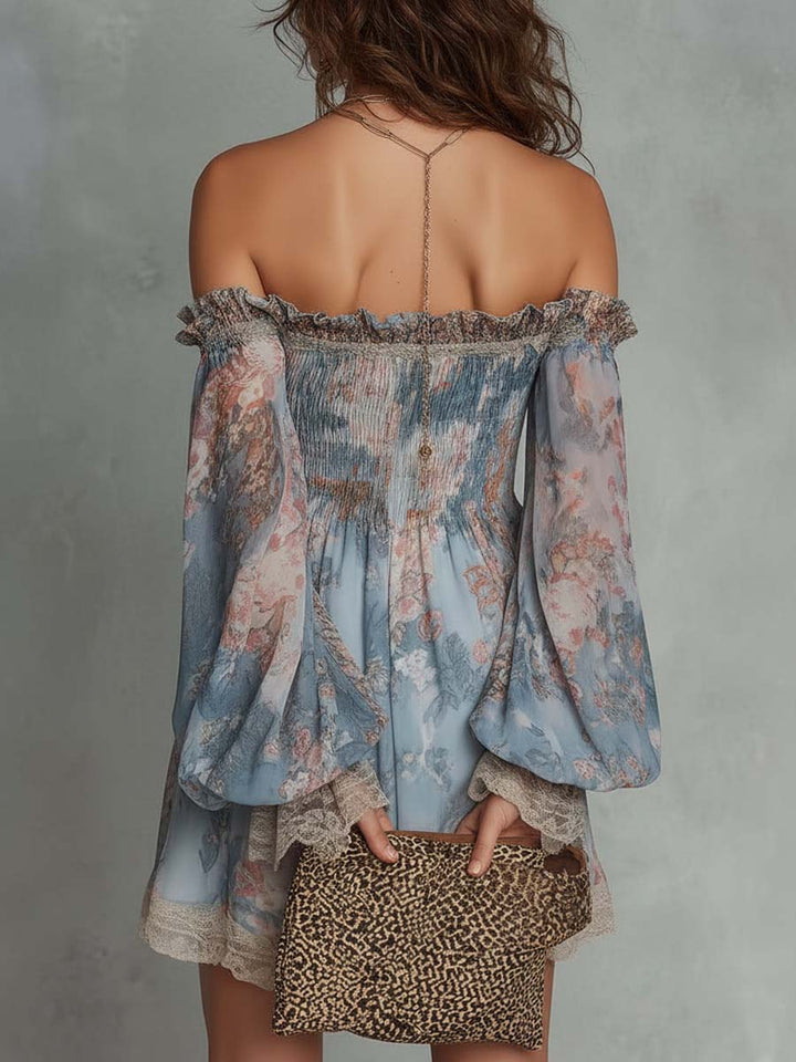 Romantic Floral Off-Shoulder Chiffon Mini Dress