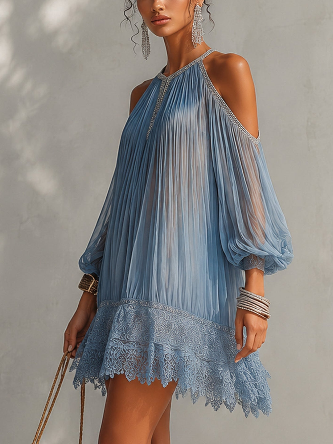 Blue Off-Shoulder Lace-Hem Mini Dress