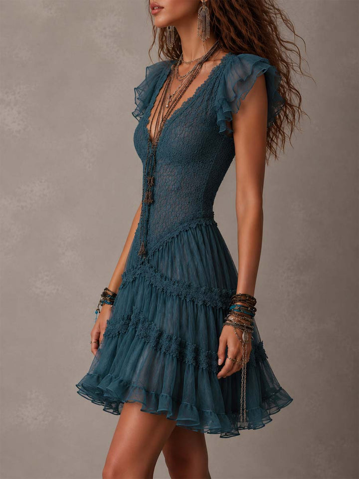 Teal Vintage Lace & Chiffon Ruffle Mini Dress