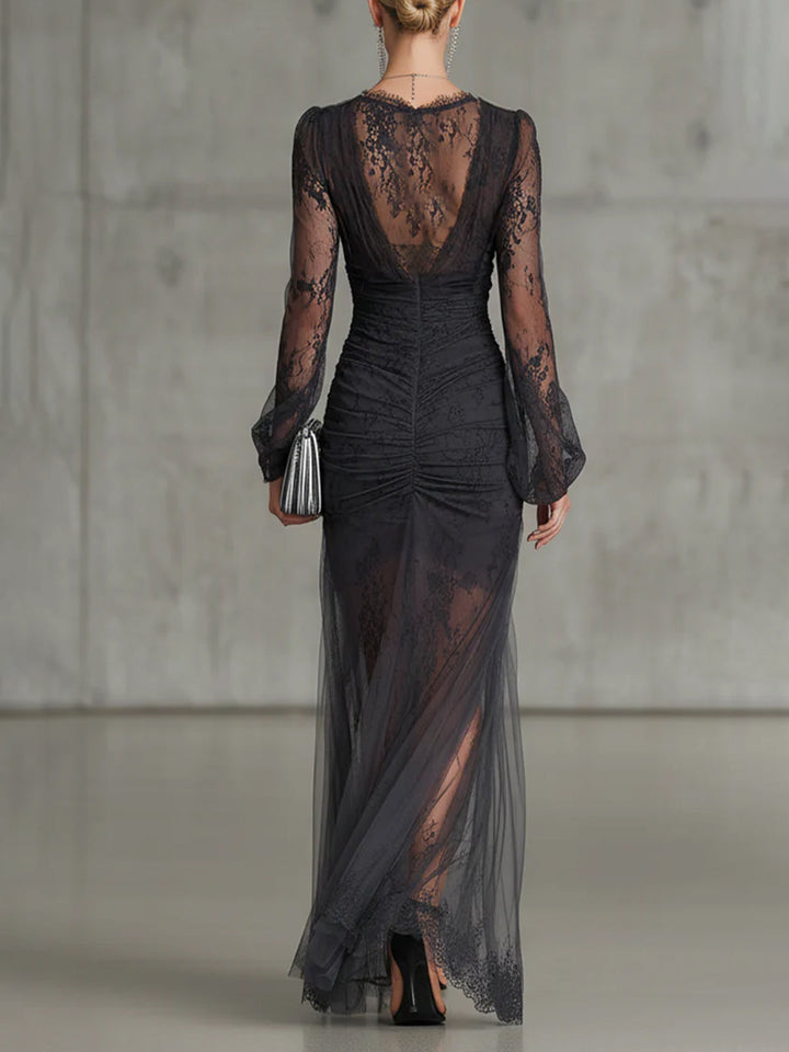 Quintina Sheer-Sleeve Slit Maxi Dress