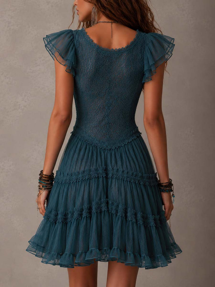Teal Vintage Lace & Chiffon Ruffle Mini Dress