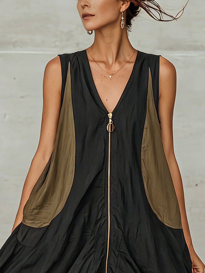 Black Colour-Block Zip-Front Mini Dress