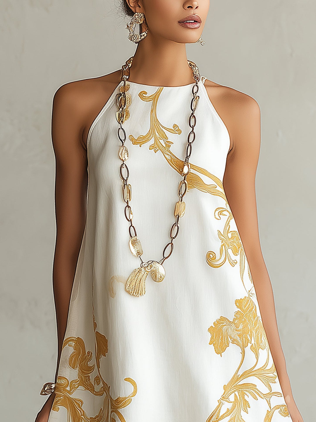 White & Gold Floral Lace Mini Dress