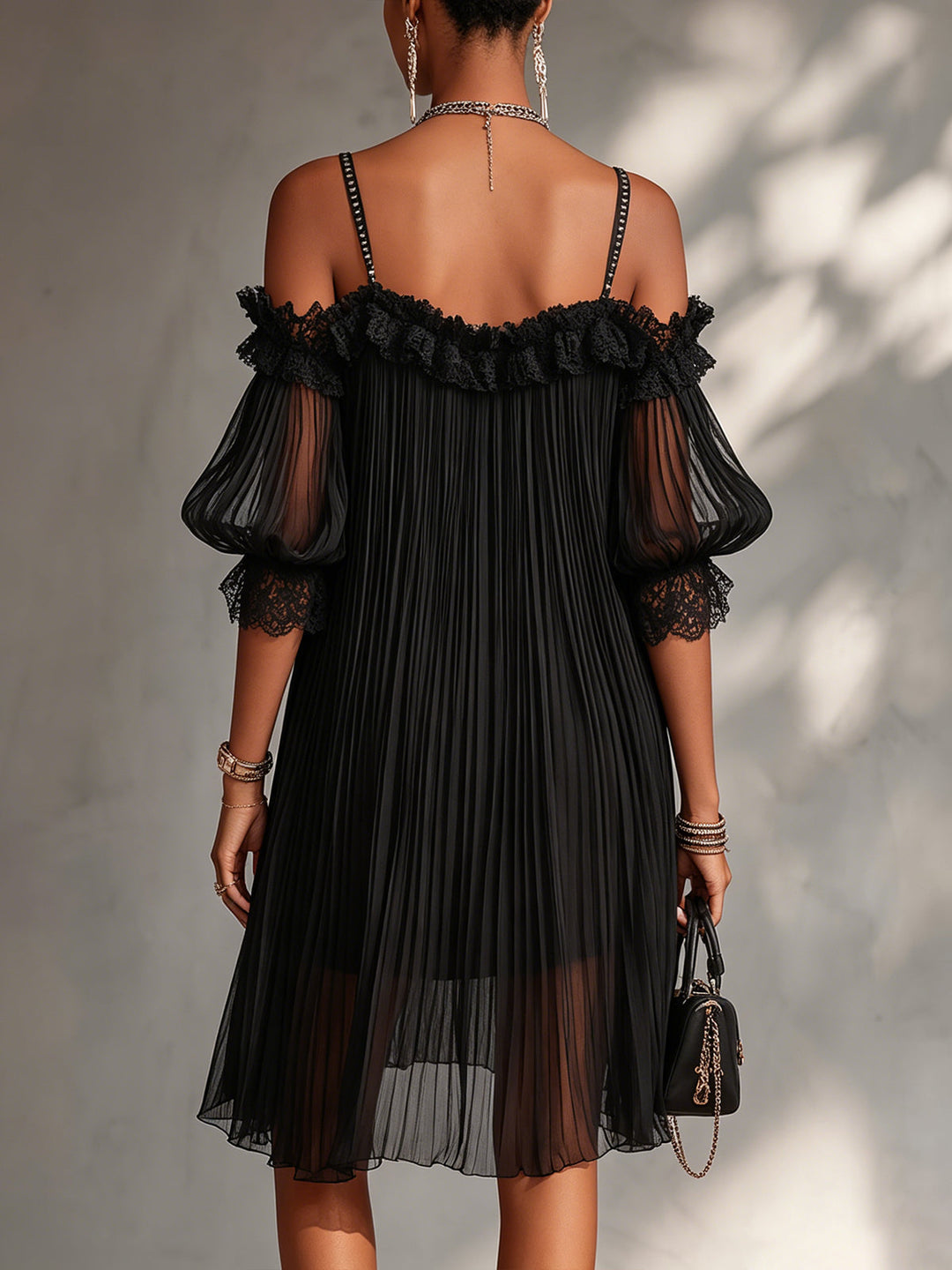 Black Off-Shoulder Lace Chiffon Mini Dress