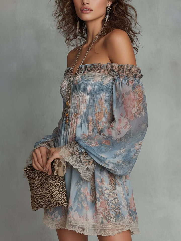 Romantic Floral Off-Shoulder Chiffon Mini Dress