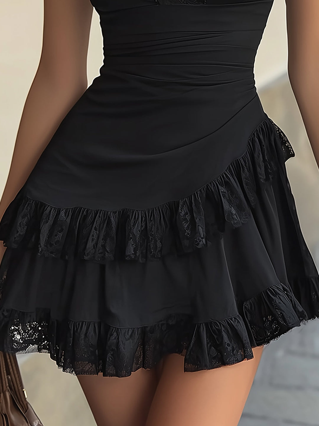 Black Lace Ruffle V-Neck Mini Dress