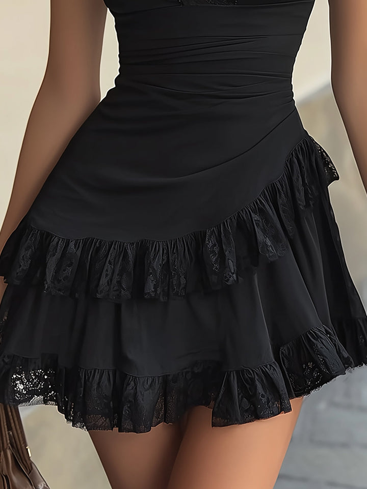 Black Lace Ruffle V-Neck Mini Dress