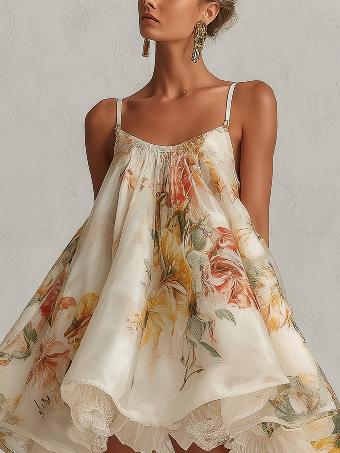 Beige Floral Organza A-Line Mini Dress