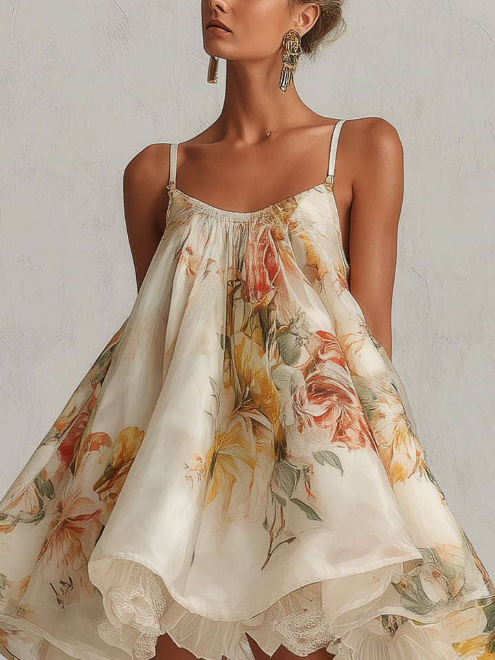 Beige Floral Organza A-Line Mini Dress