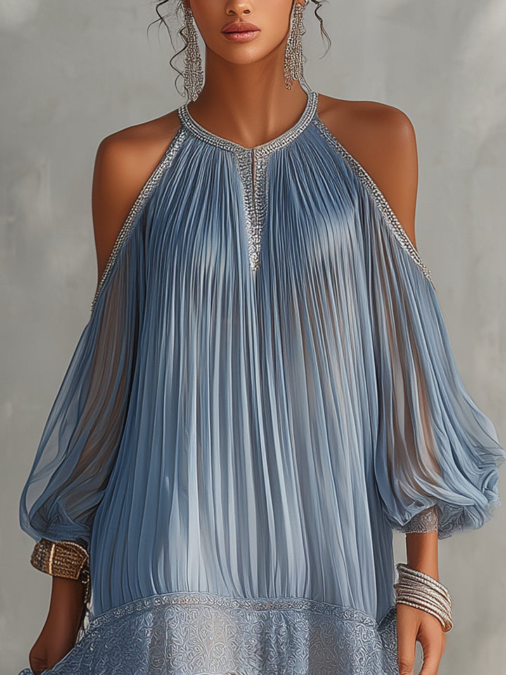 Blue Off-Shoulder Lace-Hem Mini Dress