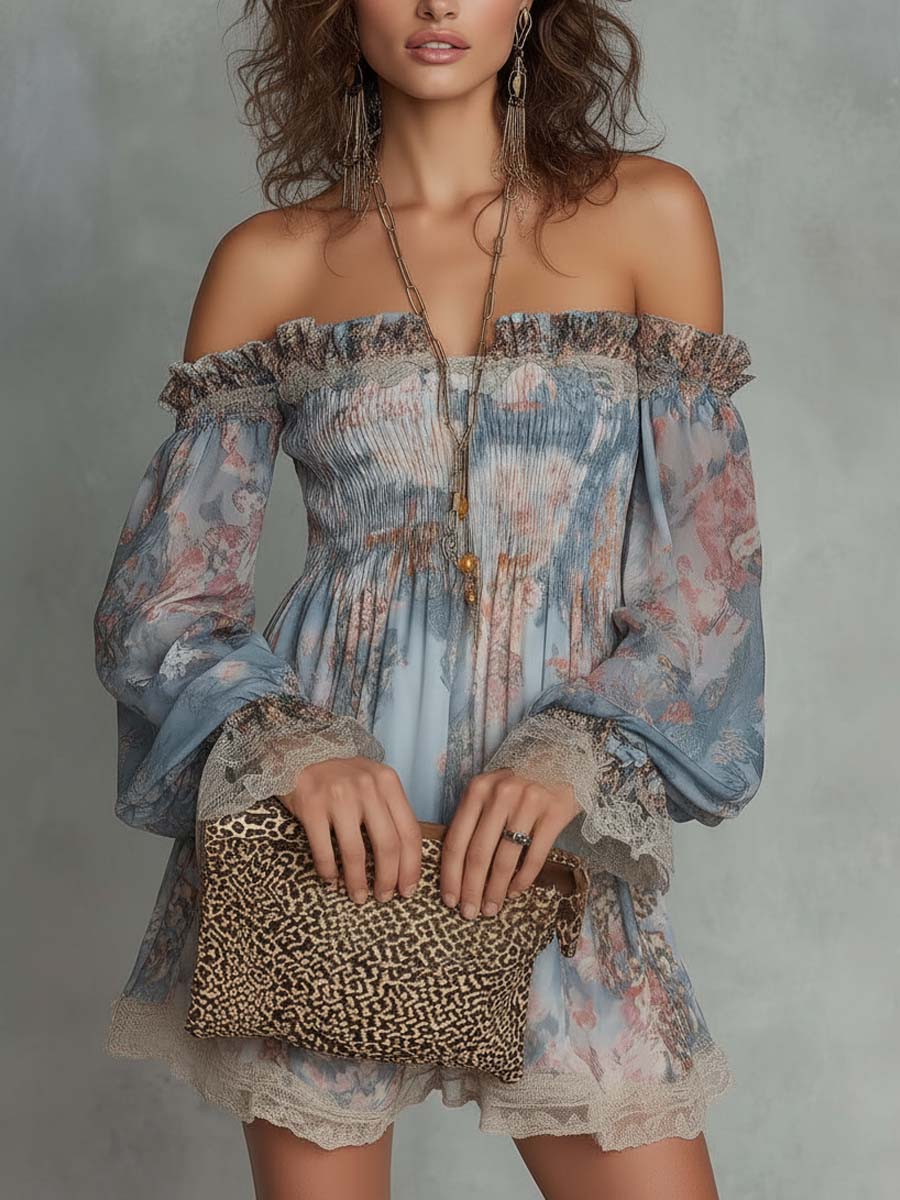 Romantic Floral Off-Shoulder Chiffon Mini Dress