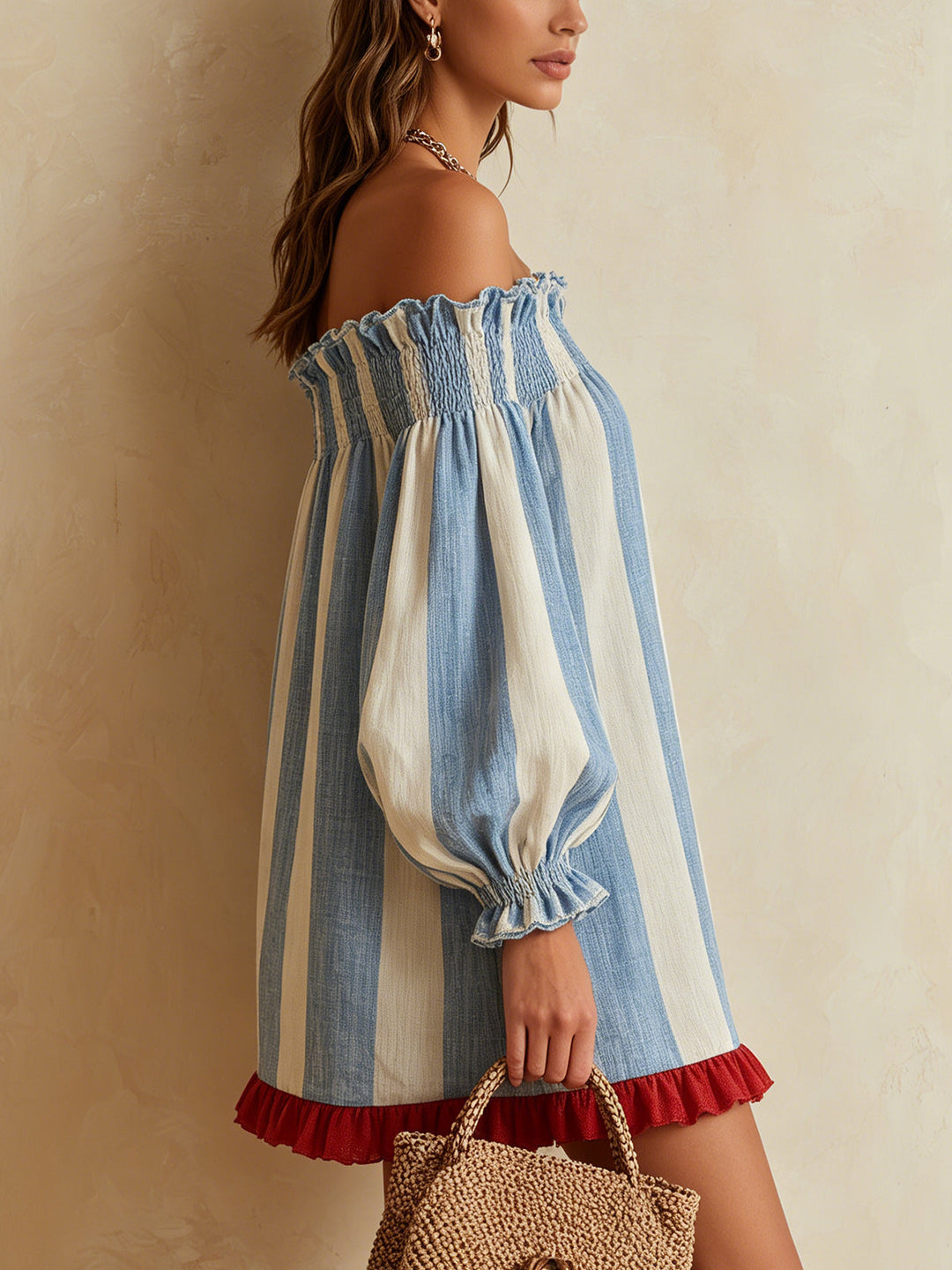 Blue & White Striped Bardot Mini Dress