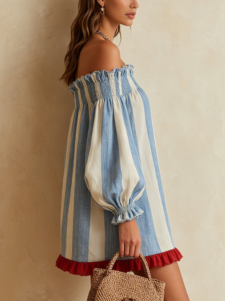 Blue & White Striped Bardot Mini Dress