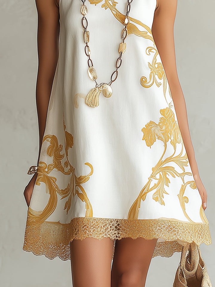 White & Gold Floral Lace Mini Dress