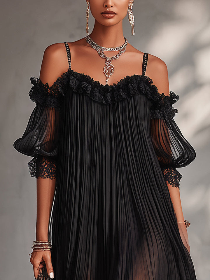 Black Off-Shoulder Lace Chiffon Mini Dress