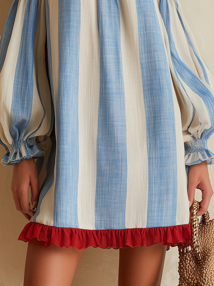 Blue & White Striped Bardot Mini Dress