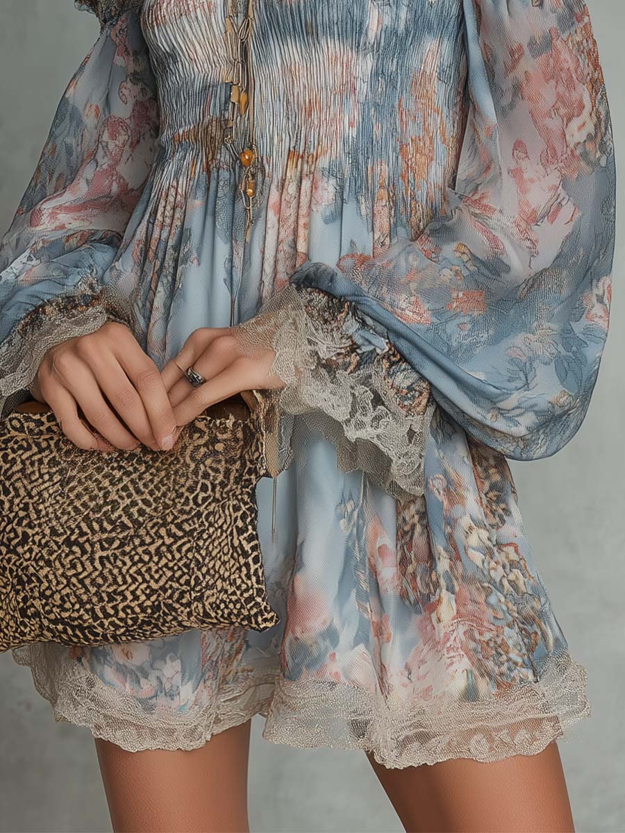 Romantic Floral Off-Shoulder Chiffon Mini Dress