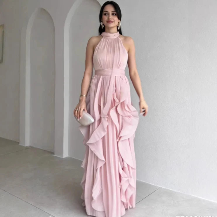Orea High Neck Gathered Ruffle Layers Maxi Dress by Roseworth London