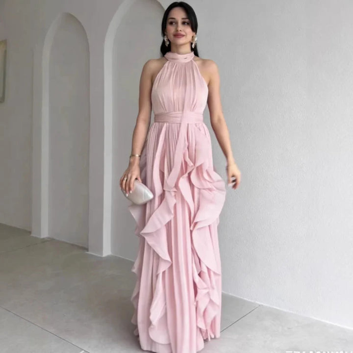 Orea High Neck Gathered Ruffle Layers Maxi Dress by Roseworth London