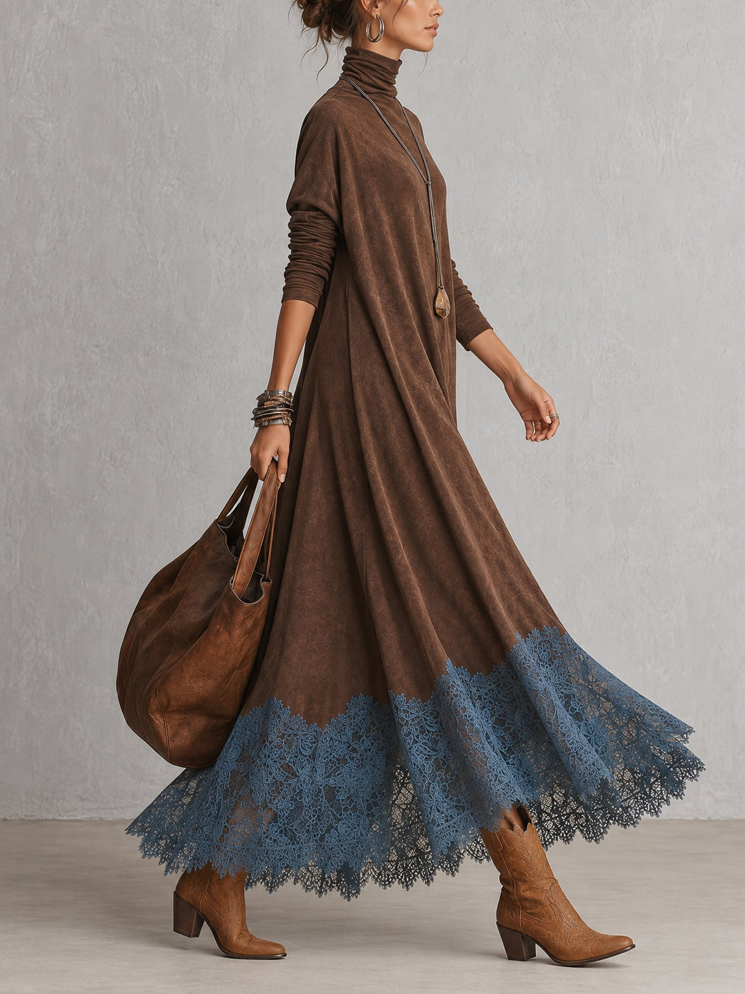 Brunella Lace-Hem Suede-Effect Maxi Dress