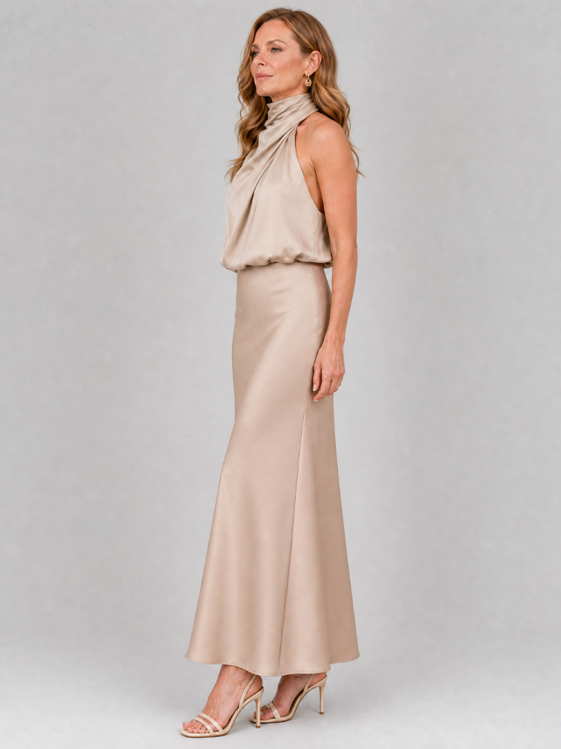 Nopal Sleeveless Draped Neck Midi Dress by Roseworth London
