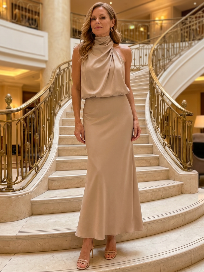 Nopal Sleeveless Draped Neck Midi Dress by Roseworth London