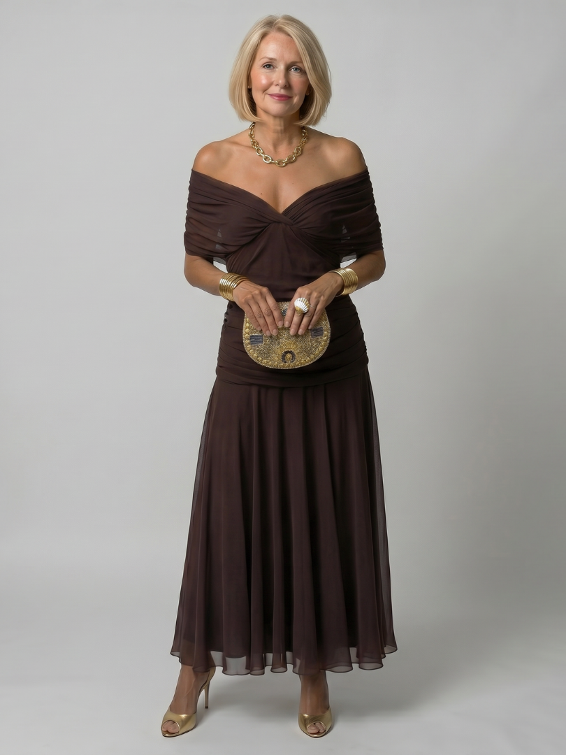 Calen Off Shoulder Flow Midi Dress by Roseworth London