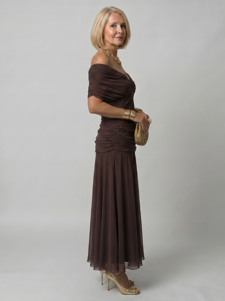 Calen Off Shoulder Flow Midi Dress by Roseworth London