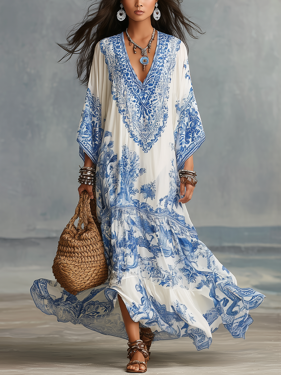 Blue Porcelain Print Kaftan Tunic
