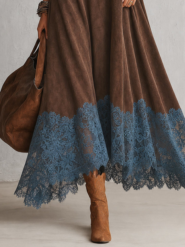 Brunella Lace-Hem Suede-Effect Maxi Dress