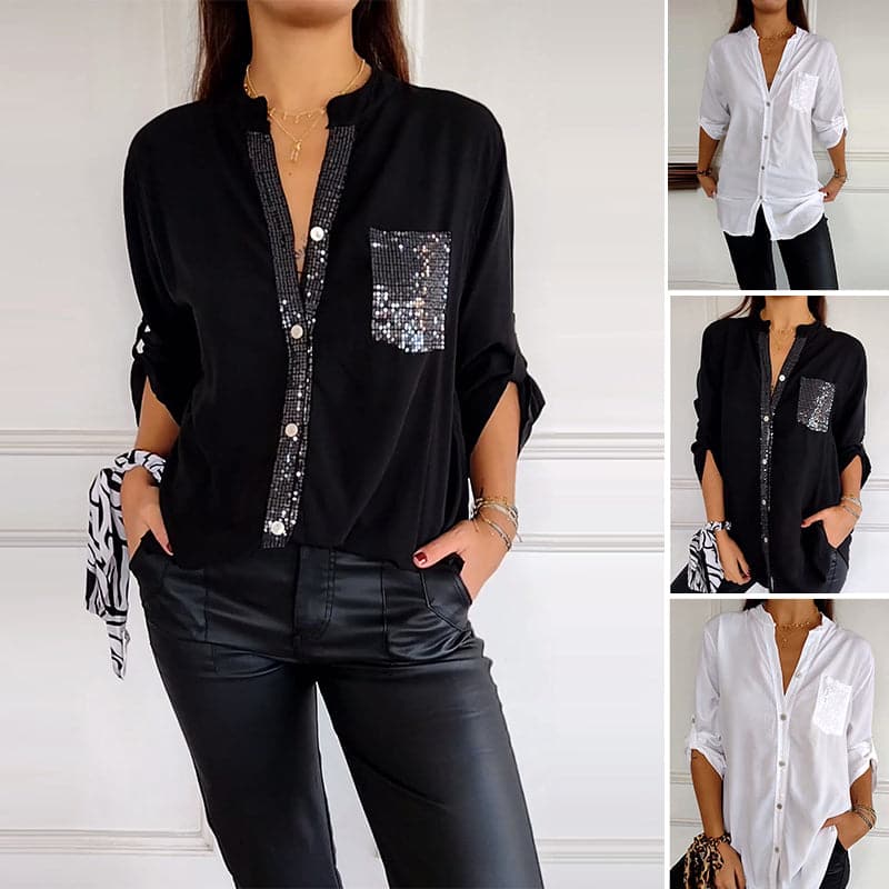 VERITY SEQUIN TRIM BUTTON-UP SHIRT