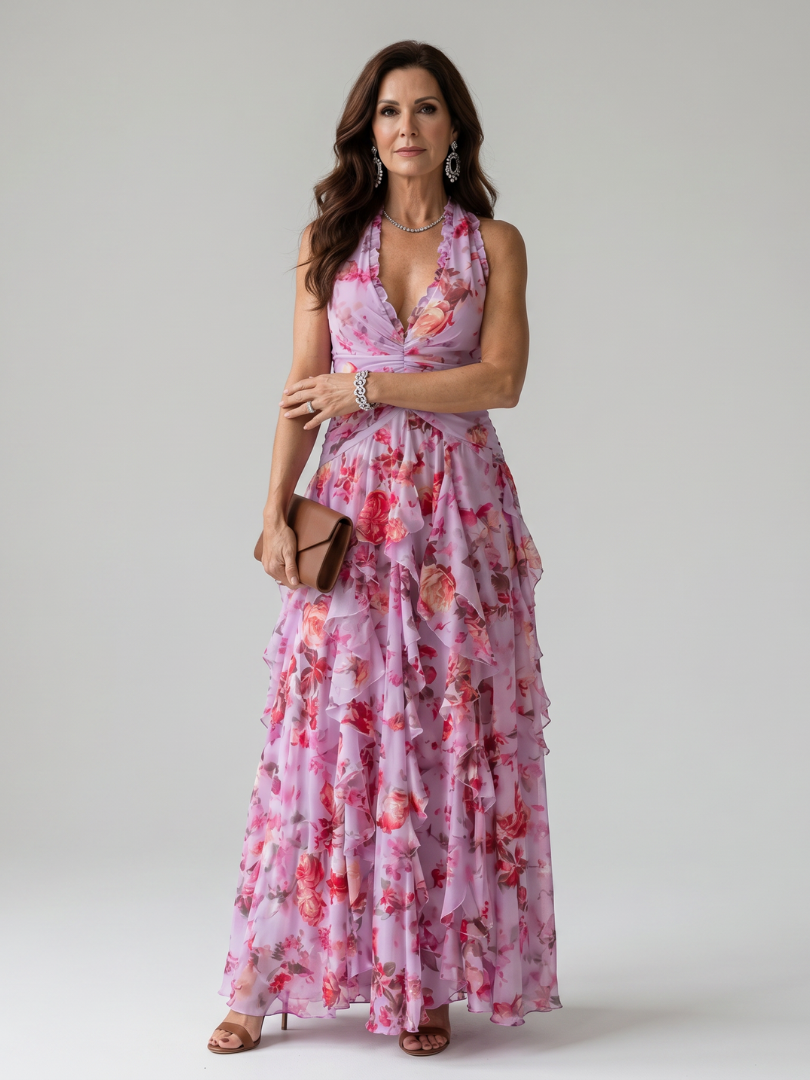 Nori Halter Neck Ruched Bodice Floral Maxi Dress by Roseworth London