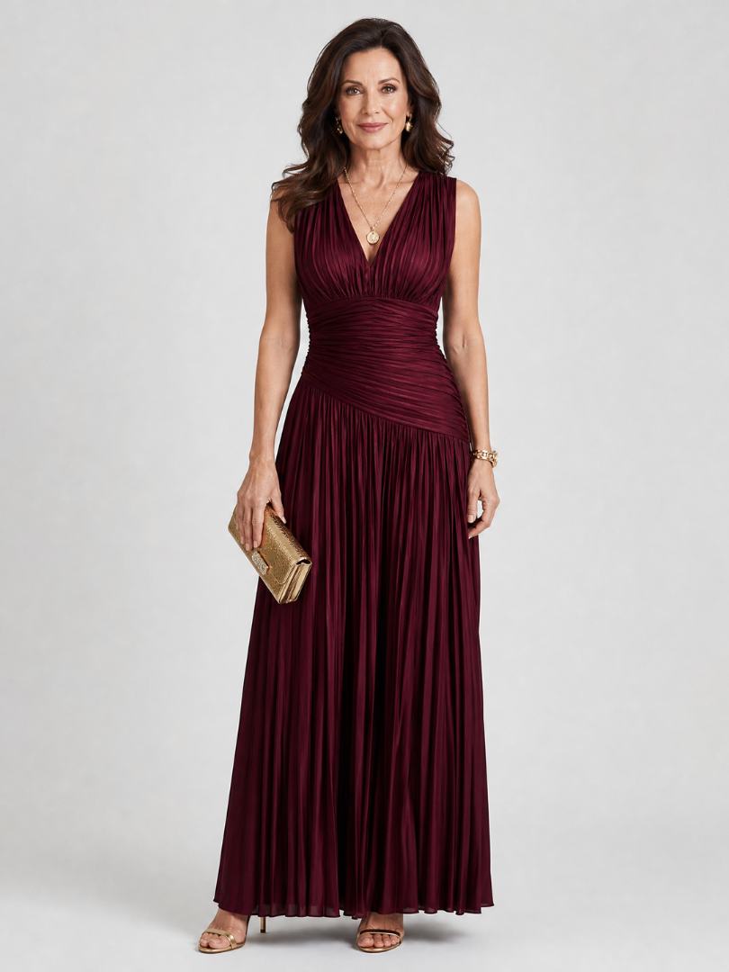 Lemar Sleeveless Pleated V Neck Midi Dress by Roseworth London