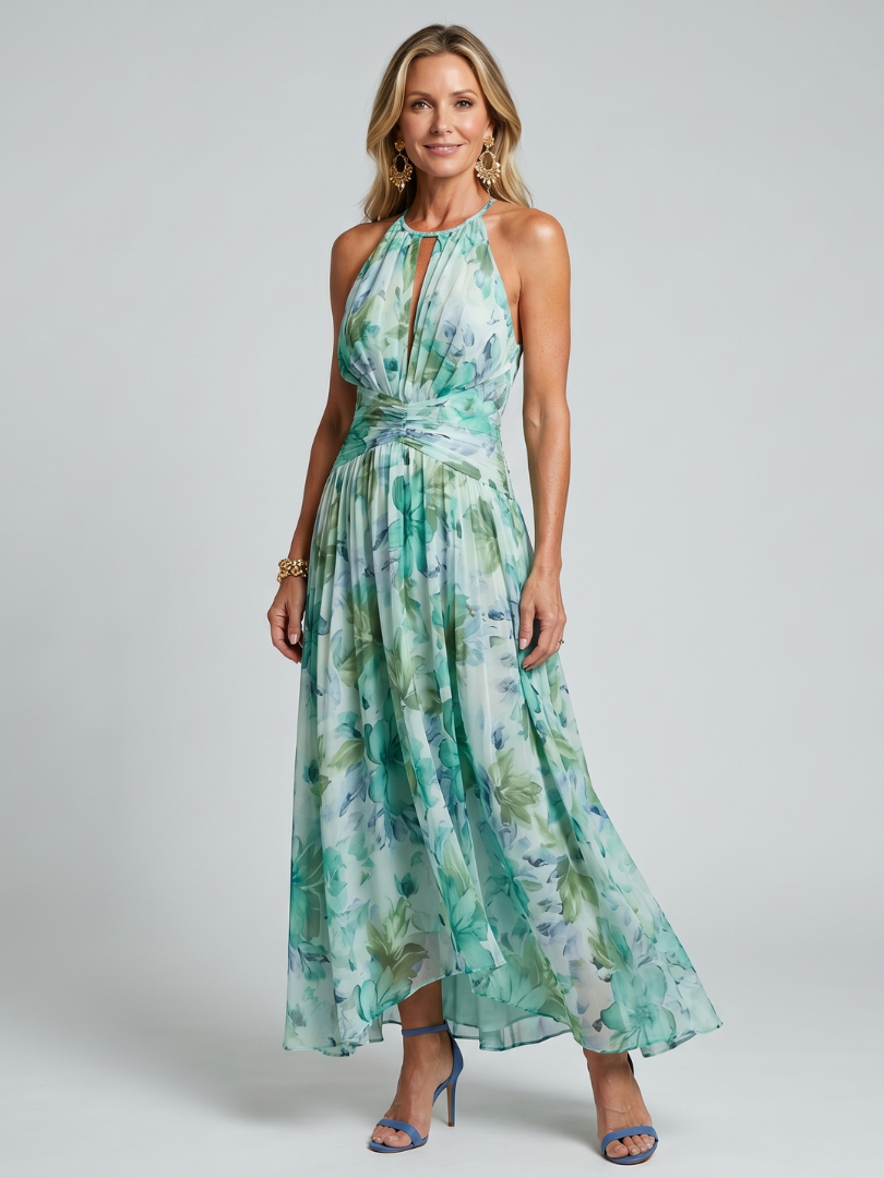 Portia Pleated Halter Soft Floral Pattern Midi Dress by Roseworth London