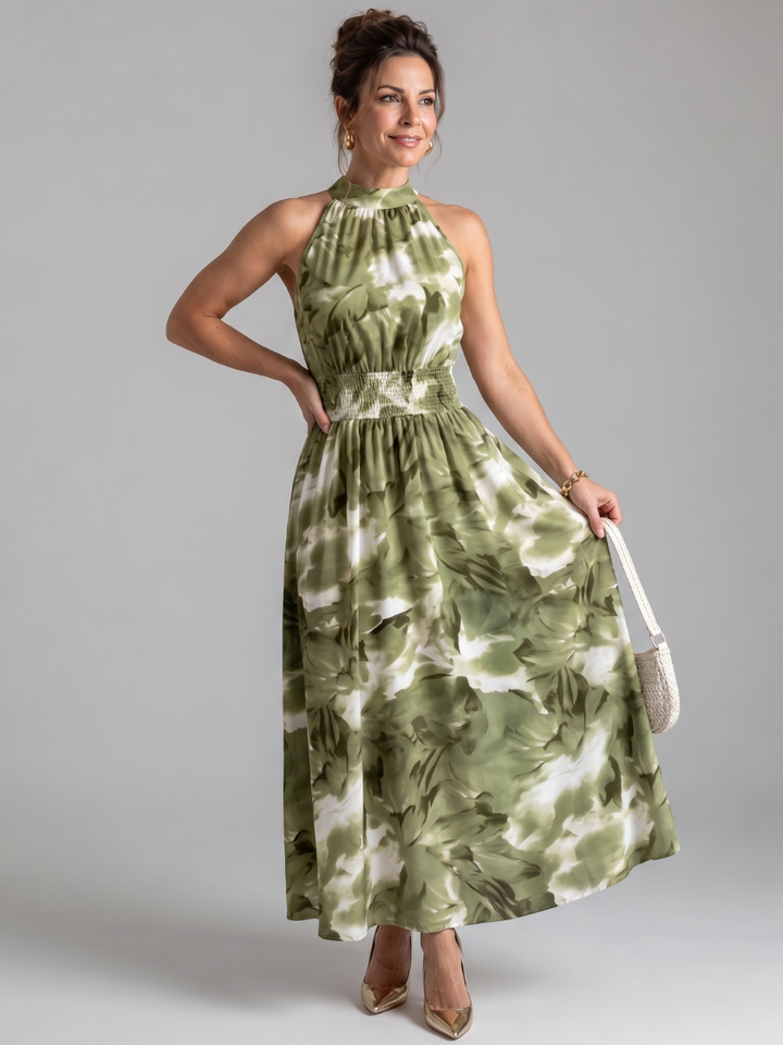 Olivia Gathered Waist Abstract Print Midi Dress by Roseworth London