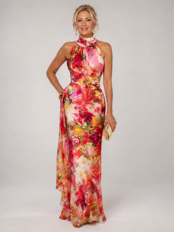 Elisabetta Halter Neck Floral Print Maxi Dress by Roseworth London